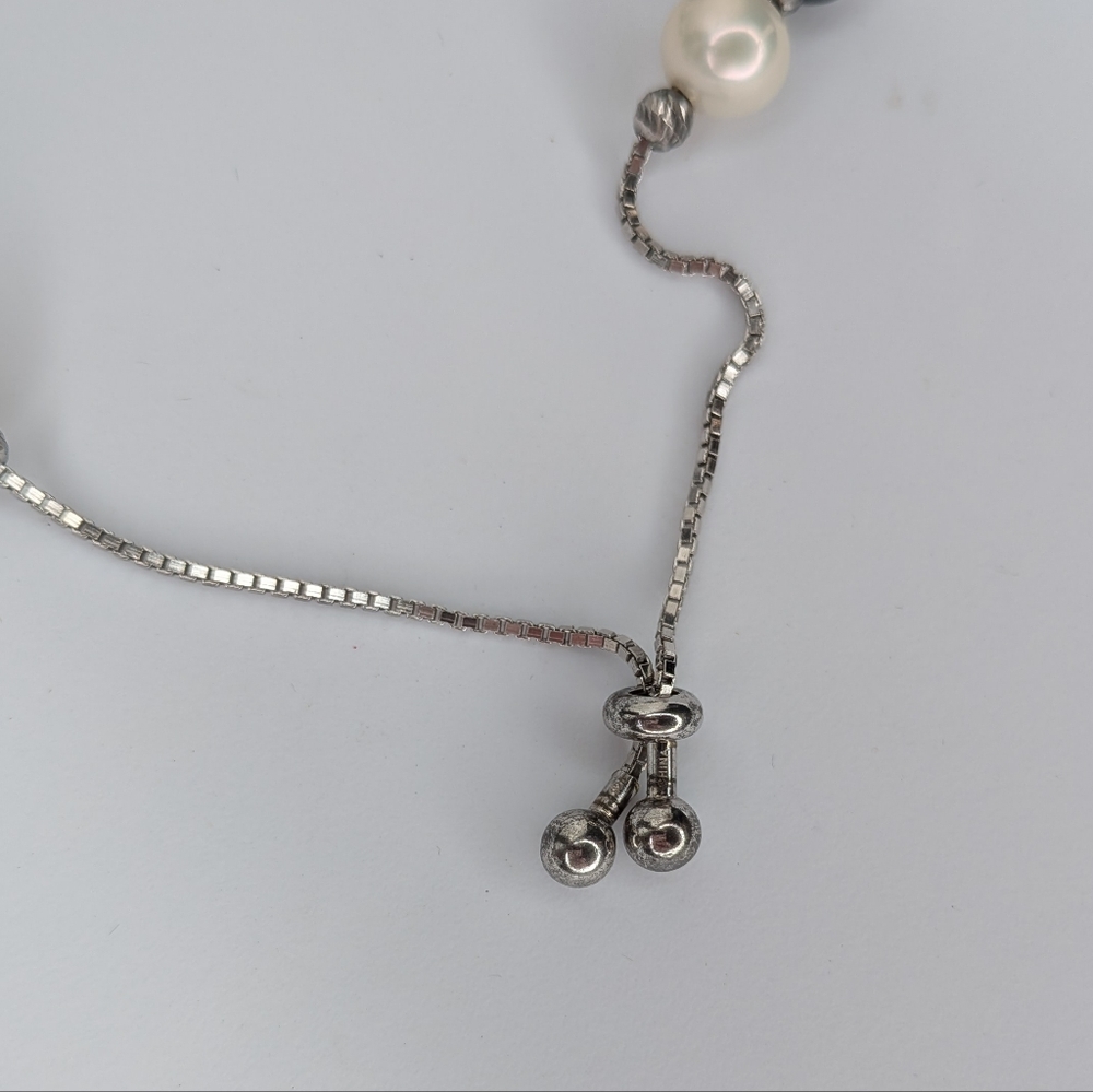 Sterling Silver Freshwater Pearl & Black Bead Adjustable Bracelet Elegant 925 - Picture 6 of 7